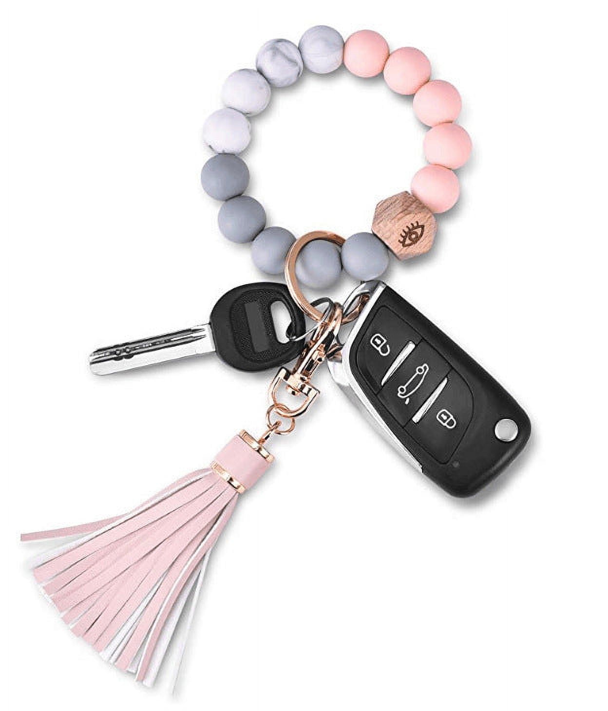 Womens Silicone Wristlet Keychain with Wood Beads Bracelet Key Ring for Handbags Car Decoration and Girls Women Pendant