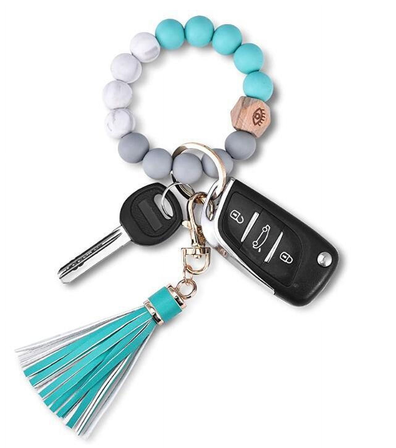 Womens Silicone Wristlet Keychain with Wood Beads Bracelet Key Ring for Handbags Car Decoration and Girls Women Pendant