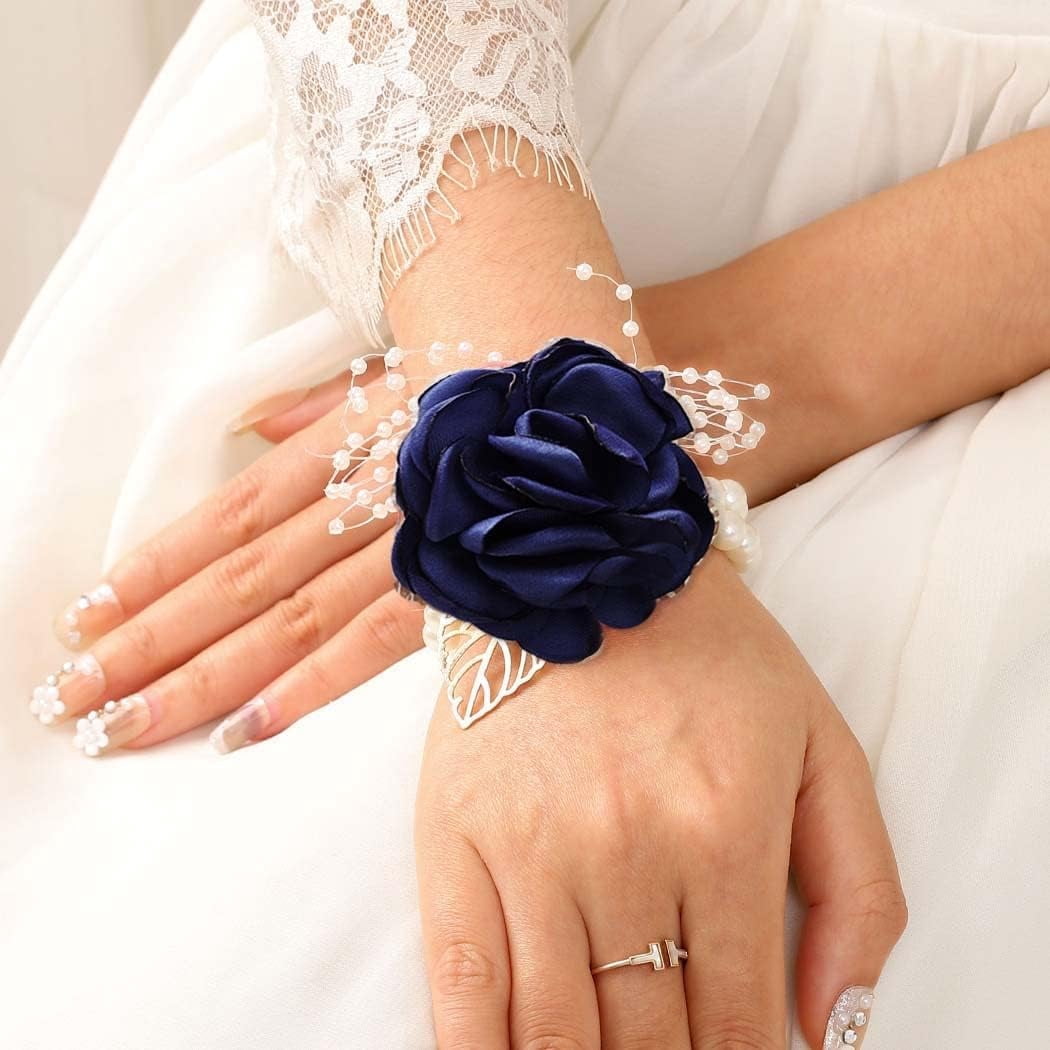 corsage for navy blue dress Ansuma Ivory Rose Flower Wrist Boutonniere Set Bridesmaid Wrist Corsage Bracelet & Groom and Best Man Boutonniere Wedding Flowers Accessories Prom Suit Decorations (Navy Blue) : Home & Kitchen The high Navy Blue Wrist Corsage