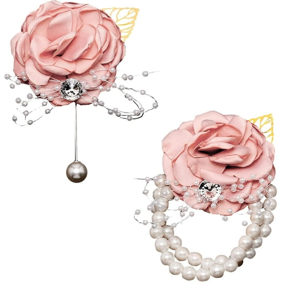 Wrist Corsage and Boutonniere Set 2pcs Pearl Wrist Corsage Pink Rose and Groom Boutonniere Wedding Bridal Wrist Flower Corsage Hand Flower for Wedding Prom Party Suit Homecoming Decoration Pink