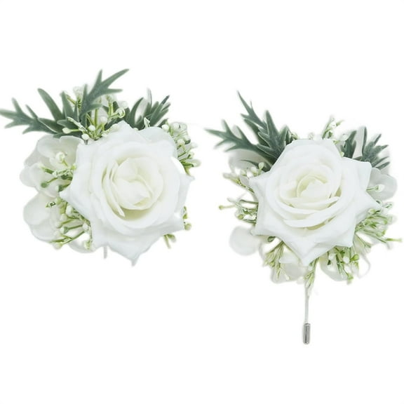 Wrist Corsage and Boutonniere Set,Artificial Rose Prom Wrist Corsage,Fake Flowers Bridal Bridesmaid Wristband,Groom Bridegroom Lapel Pin Faux Flower,Wedding Flower Party Accessories White