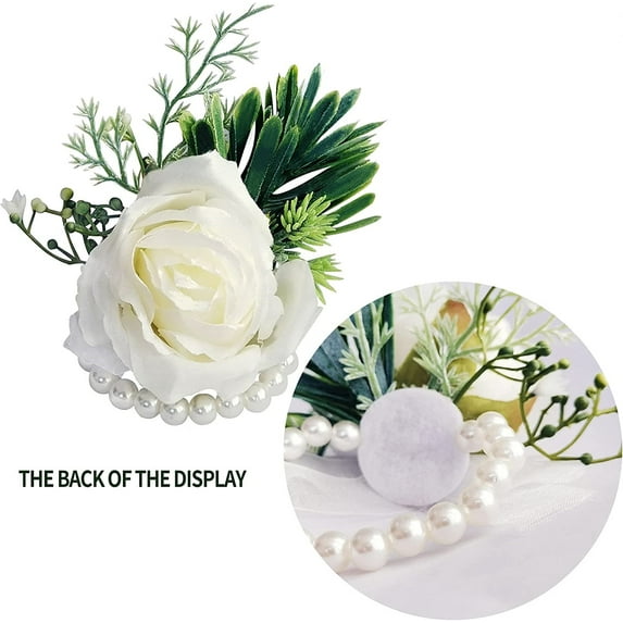 Wrist Corsage Boutonniere Set Artificial White Rose Corsage Set Handmade Bride Wristband Men Boutonniere for Groom Wedding Party Prom Suit (White)