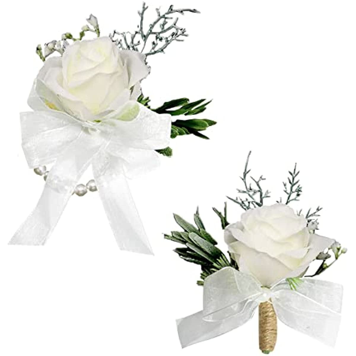 Wrist Corsage Flower Set 2pcs Boutonniere Buttonholes Groom and White