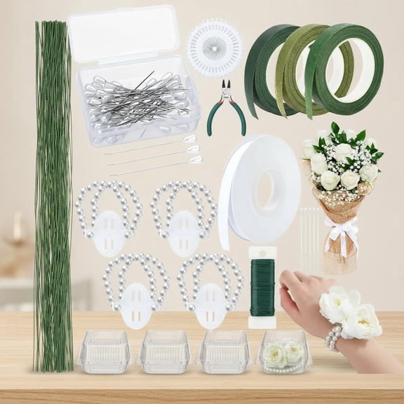 Wrist Corsage Making Kit Floral Arrangement Supplies DIY Boutonniere Bouquet Craft Set Includes Floral Tape Wire Cutters Pearl Bands Plastic Boxes Ribbon Pins
