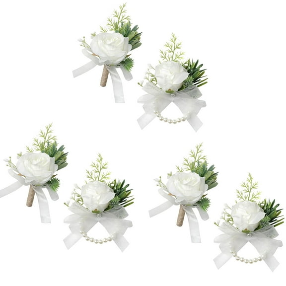 Wrist Corsage for Wedding, GIXUSIL Elegant Artificial White Rose Pearl Wristband Wrist Boutonnier for Prom Party, Perfect Accessories for Bride Bridesmaids/Mother of Bride/Groom, 6 Pcs