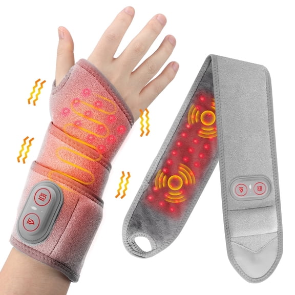 Wrist Heating Pad with Heating & Vibration, Portable Hand Wrap Brace for Wrist Soothe, Adjustable Heat Settings, 3 Vibration Modes, Cordless Heating Pad Hand Massager for Left & Right Hand, Grey