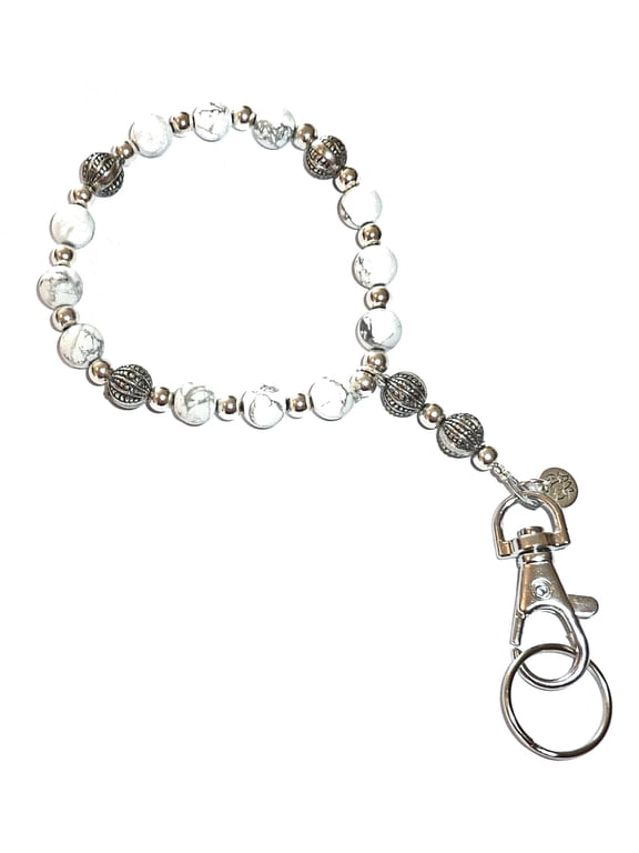 Wrist Lanyard, Beaded Women's Wristlet for Keys, Phone, ID Badge, Lightweight and Strong (Howlite Beads)