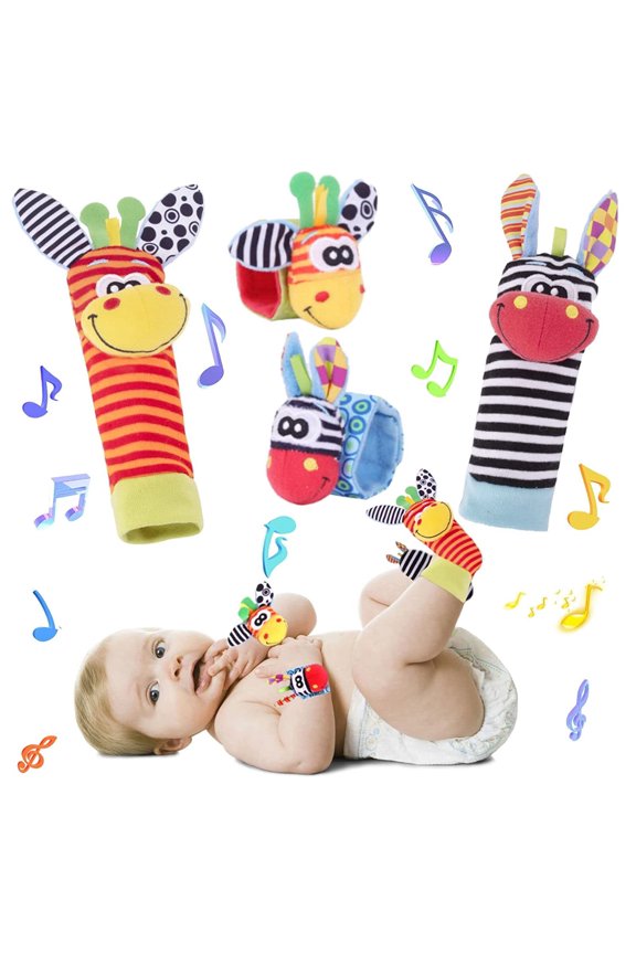 Wrist Rattle Foot Finder Socks Set Arm Hand Bracelet Rattle Feet Leg Ankle Socks Newborn Soft Sensory Toy Baby Socks Newborn Wrist Rattles for Babies 0-6 Months Infant Baby Gift 6-12 Months