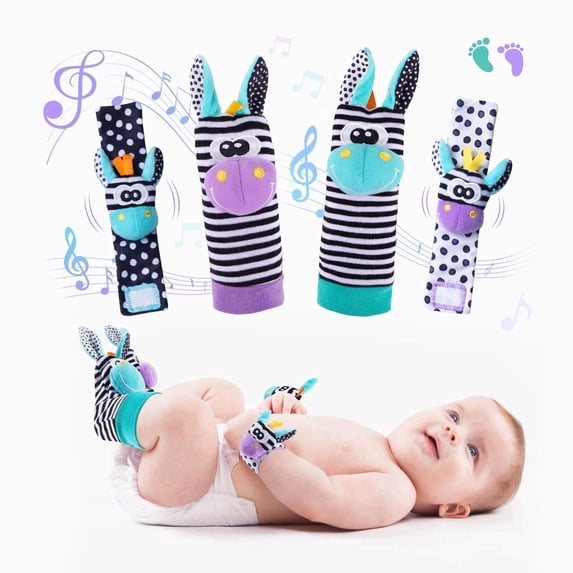 Wrist Rattle Foot Finder Socks Set for Baby Arm Hand Rattle Feet Leg Ankle Socks Newborn Soft Sensory Toys Baby Socks Newborn Rattles Toys Easter Gifts 0-3 6-12 Months Infant Girl Boy