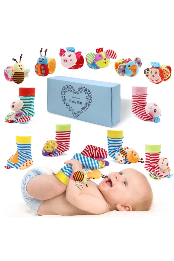 Wrist Rattles Foot Finder Rattle Sock Baby Rattle Toy, Arm Hand Bracelet Rattle, Feet Leg Ankle Socks, Birthday Holiday Birth Present for Newborn Boy Girl