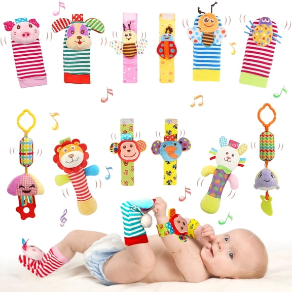 Wrist Rattles Foot Finder Rattle Sock Baby Rattle Toy, Arm Hand Bracelet Rattle, Feet Leg Ankle Socks, Birthday Holiday Birth Present for Newborn Boy Girl