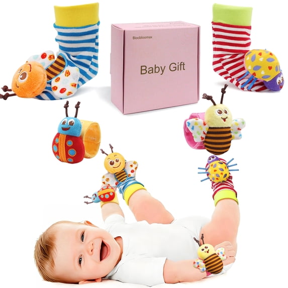 Wrist Rattles Foot Finder Rattle Sock Baby Rattle Toy, Arm Hand Bracelet Rattle, Feet Leg Ankle Socks, Birthday Holiday Birth Present for Newborn Boy Girl