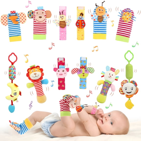 Wrist Rattles Foot Finder Rattle Sock Baby Rattle Toy, Arm Hand Bracelet Rattle, Feet Leg Ankle Socks, Birthday Holiday Birth Present for Newborn Boy Girl