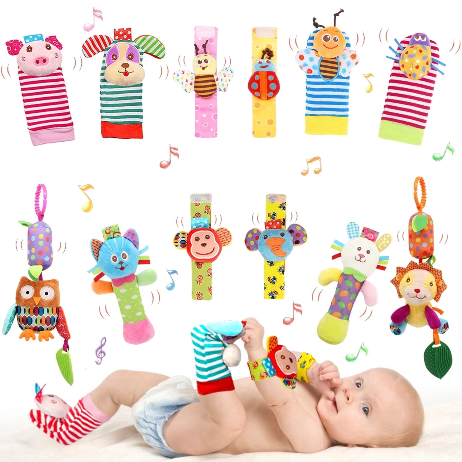 Accevo Lot De Hochets Poignet Et Chaussettes Cherche-pied – Animaux Mignons – 0-36 Mois – Cadeau Naissance