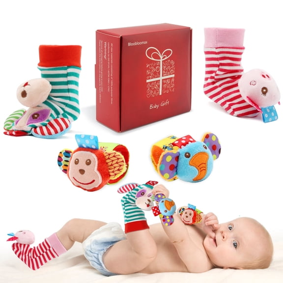 Wrist Rattles Foot Finder Rattle Sock Baby Rattle Toy, Arm Hand Bracelet Rattle, Feet Leg Ankle Socks, Birthday Holiday Birth Present for Newborn Boy Girl