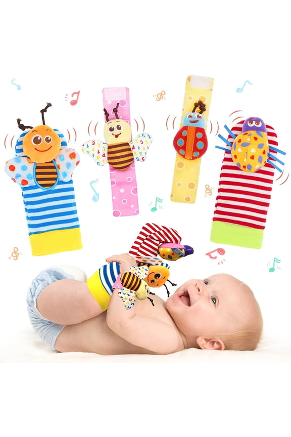 Wrist Rattles Foot Finder Rattle Sock Baby Toddlor Toy,Rattle Toy,Arm Hand Bracelet Rattle,Feet Leg Ankle Socks, Present Gift for Newborn Infant Babies Boy Girl Bebe (4 Bugs)