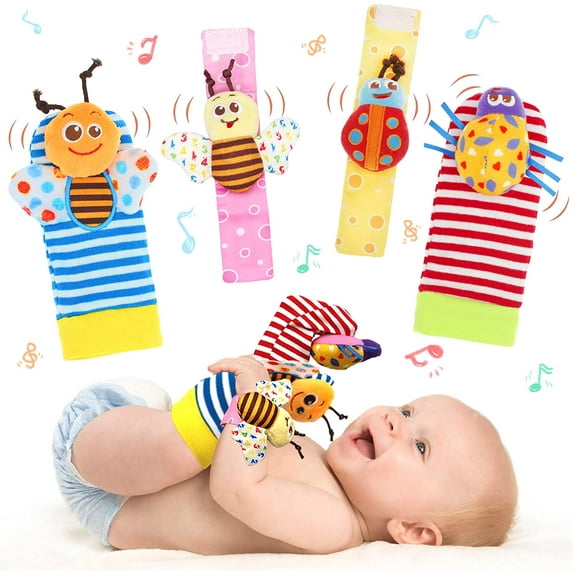 Wrist Rattles Foot Finder Rattle Sock Baby Toddlor Toy,Rattle Toy,Arm Hand Bracelet Rattle,Feet Leg Ankle Socks, Present Gift for Newborn Infant Babies Boy Girl Bebe (4 Bugs)
