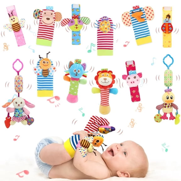 Wrist Rattles Foot Finder Rattle Sock Baby Toy, Hanging Rattle Toy, Hand Bracelet Rattle, Feet Leg Ankle Socks, Activity Rattle Present Gift for Newborn Infant Babies Boy Girl (12 pcs-B)