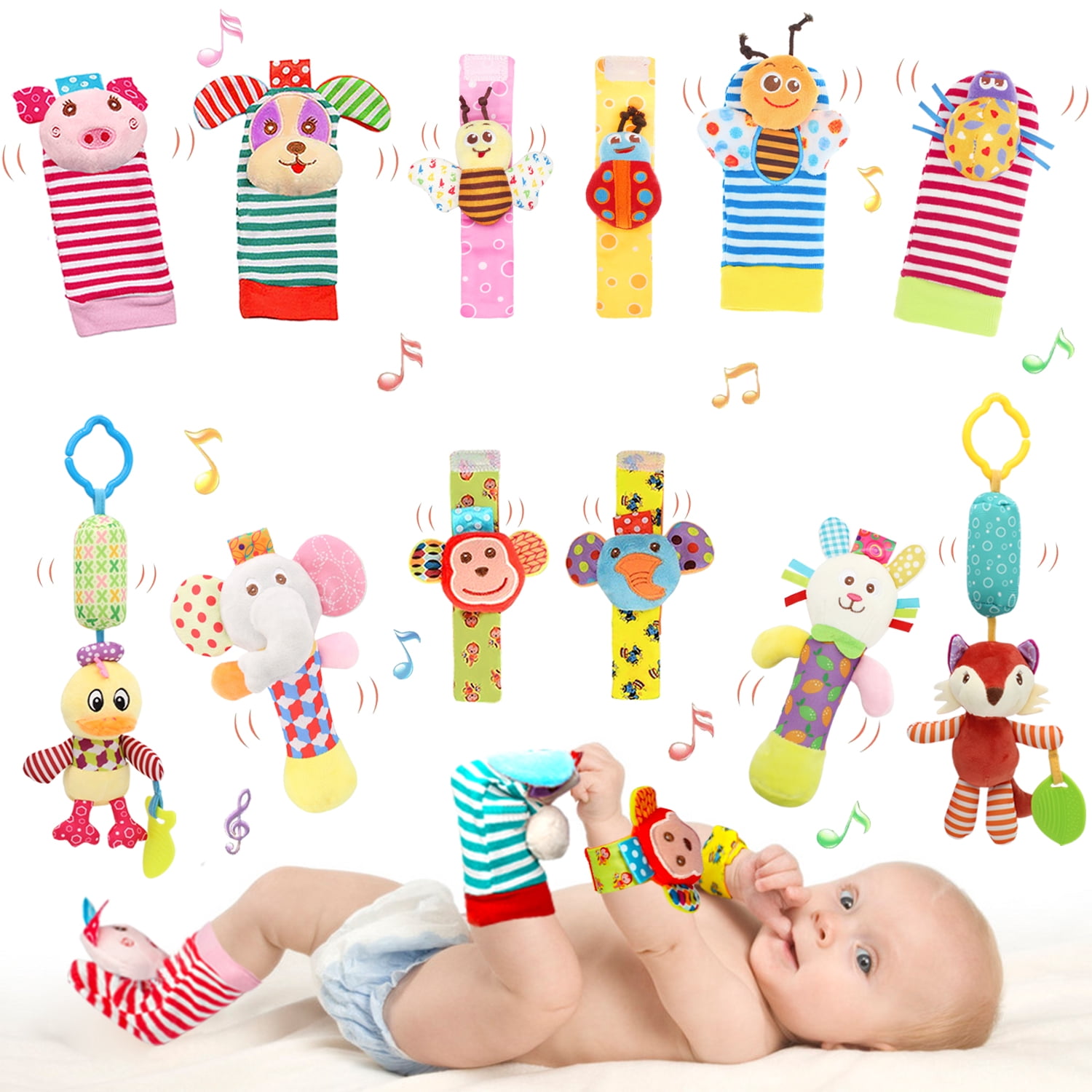 Bloobloomax Wrist Rattles Set, Velcro Fabric Baby Toy, Hand Bracelet, Feet Ankle Socks, Activity Rattle (12 pcs)