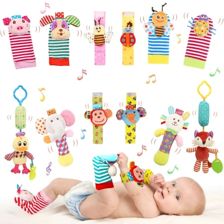 Bloobloomax Wrist Rattles Set, Velcro Fabric Baby Toy, Hand Bracelet, Feet Ankle Socks, Activity Rattle (12 pcs)