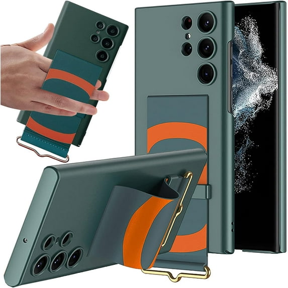 Wrist Strap Case Compatible Galaxy S23 Ultra Stand Case for Women Men,Ultra-Thin Hard Shockproof PC + PU Leather Wristband Cover Phone Case for Samsung Galaxy S23 Ultra Case with Kickstand Green