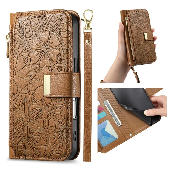 Wrist Strap Zipper Flip Leather Wallet Card Slot Phone Case for IPhone 16E 17 16 15 Pro Max Bracket Protective Cover