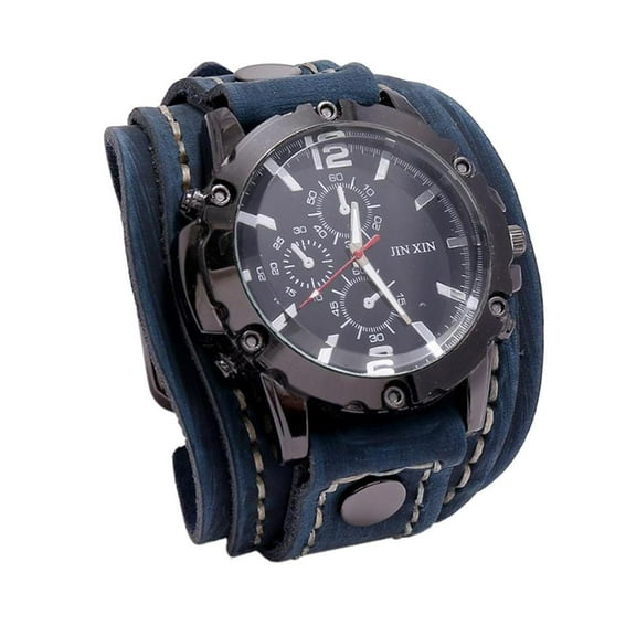 Wrist Watch Wide PU Leather Fashion Big Face Dial Bracelet Blue