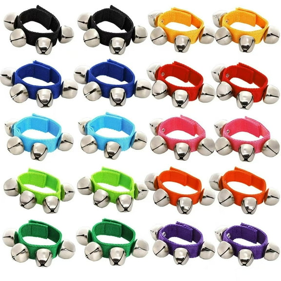 Wrist and Ankle Jingle Bells Set, 2 Pack Percussion Instrument with 4 Metal Bells for Christmas Party, Music Class, Dance and Festivals