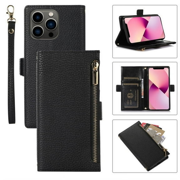 Wrist strap zipper wallet leather phone case for iPhone 16 pro max 15 plus 14 13 12/12pro 11 card holder kickstand cover