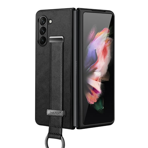Wristband Case for Samsung Galaxy Z Fold 7, Premium PU Leather Slim Shockproof Protection Phone Cover Case with Finger Ring Wrist Strap for Samsung Galaxy Z Fold 7, Black