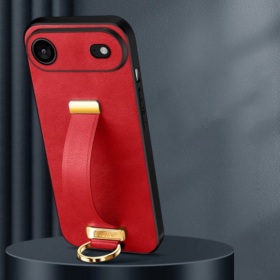Wristband Case for iPhone 17 Air, Premium PU Leather Slim Lightweight Shockproof Protection Phone Cover Case with Secure Finger Ring Wrist Strap for iPhone 17 Air, Red