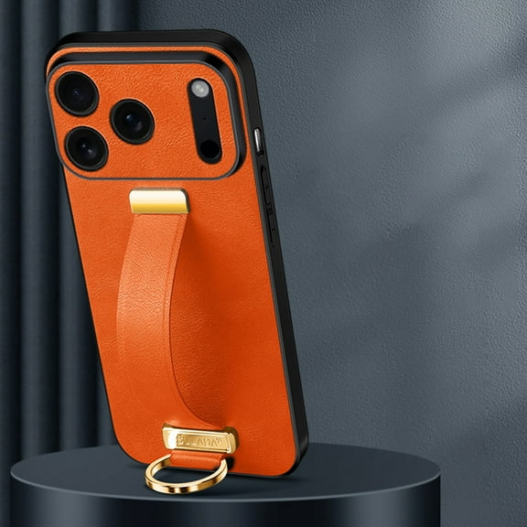 Wristband Case for iPhone 17 Pro, Premium PU Leather Slim Lightweight Shockproof Protection Phone Cover Case with Secure Finger Ring Wrist Strap for iPhone 17 Pro, Orange