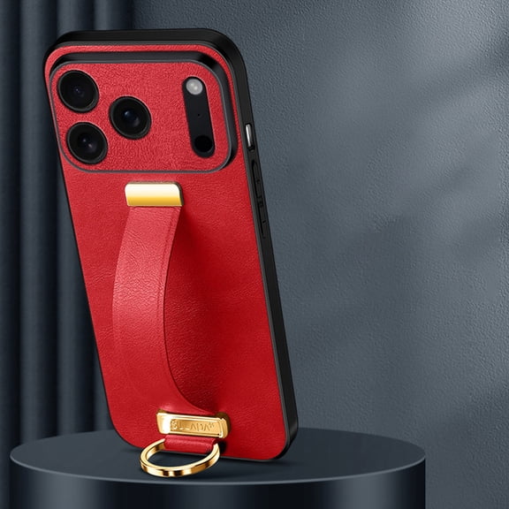 Wristband Case for iPhone 17 Pro, Premium PU Leather Slim Lightweight Shockproof Protection Phone Cover Case with Secure Finger Ring Wrist Strap for iPhone 17 Pro, Red