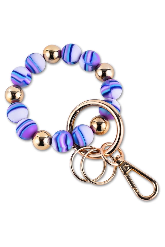 Wristlet Keychain Silicone Beaded Key Ring Bracelet for Women Elastic Bangle Key Chain Holder (Gold bead + white bead)