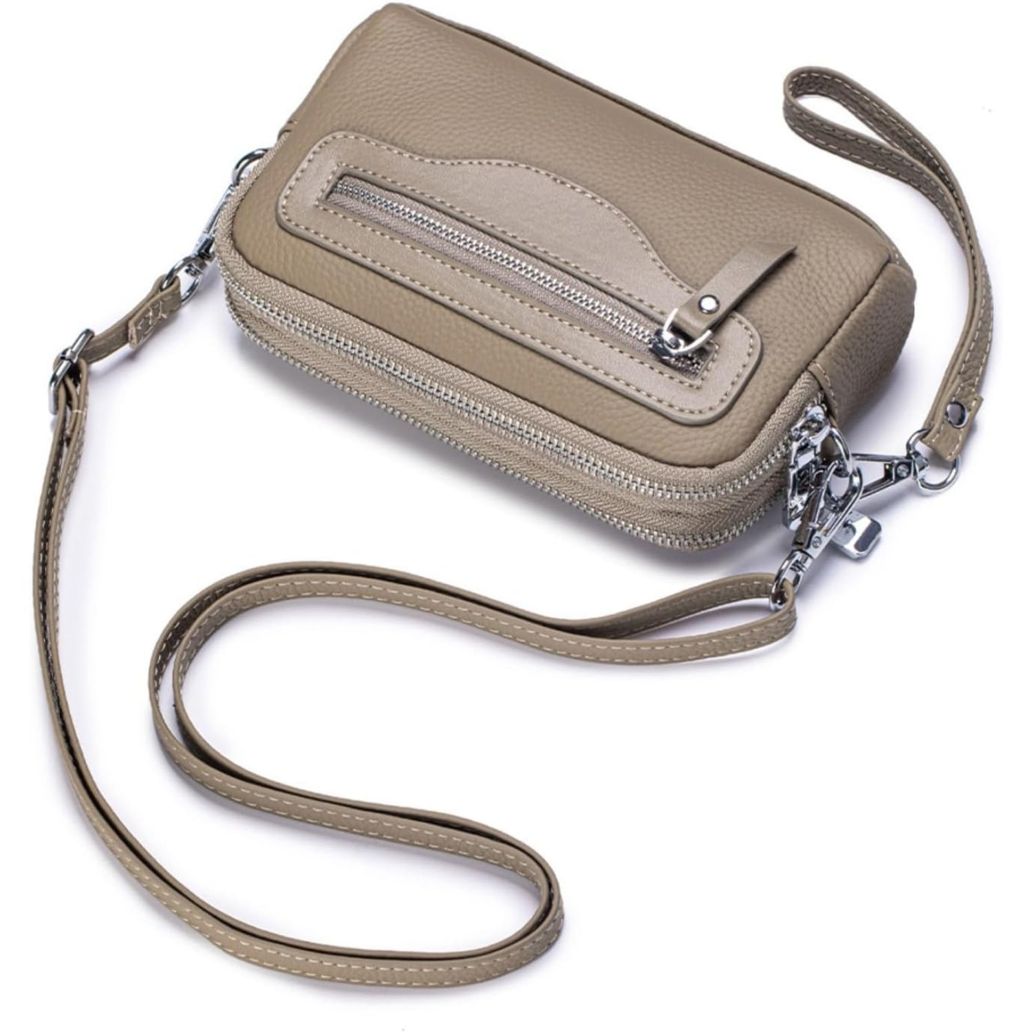 Wristlet Wallet for Unisex Genuine Small Crossbody Women Bags Double Zipper Pocket Cell Phone Pounch