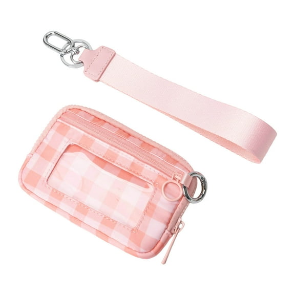 Wristlet Wallet for Women, Mini Zip Card Case with Clear ID Window Zipper Coin Purse, Lightweight Portable Keychain Wallet (Pink)