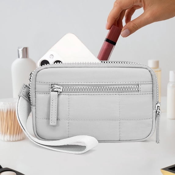 Wristlet Wallet for Women, Nylon Quilted Clutch with Wrist Strap, Compact Card Holder and Cash Organizer for Everyday Use
