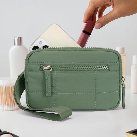 Wristlet Wallet for Women, Nylon Quilted Clutch with Wrist Strap, Compact Card Holder and Cash Organizer for Everyday Use