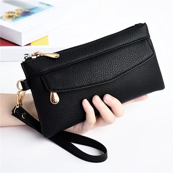 Wristlet Wallets for Women - Women's Wallet Long Clutch Purse with Wrist Strap, Leather Card Holder Organizer with Zipper Pocket, Large Capacity Handbag for Cash Phone, Fashion Accessory (Black)