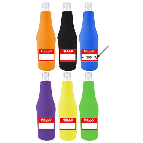 Writable Hello My Name Is Beer Bottle Coolies. Set of 6.