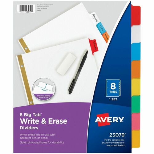 Avery Big Tab Write & Erase 8-Tab Dividers (23079), 8 Write-on Tab(s), 8.5" Divider Width x 11" Divider Length | 2 Sets