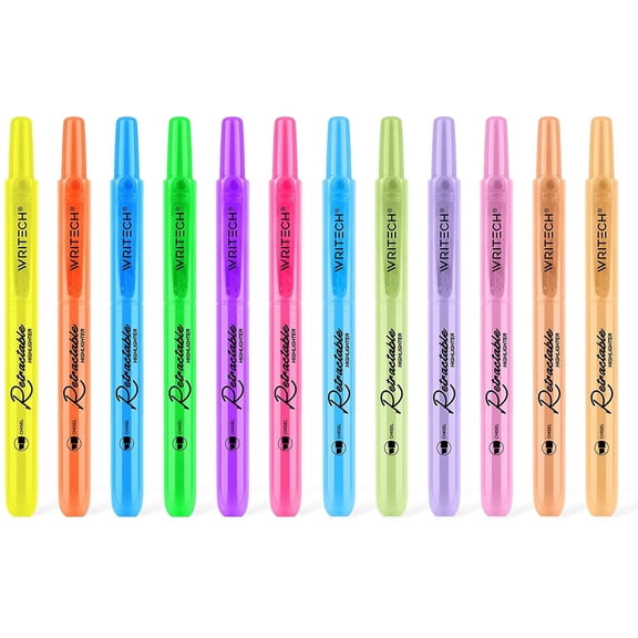 Writech Retractable Highlighters Chisel Tip Assorted 12 Neon & Pastel Colors Ideal for HighLighting Underlining or Writing Notes Journaling Supplies (Neon+Pastel)