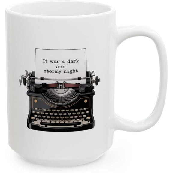 Writer Coffee Mug  Classic Literary Dark and Stormy Night Typewriter Mug for Writers, Authors, and Readers  15oz Ceramic Mug