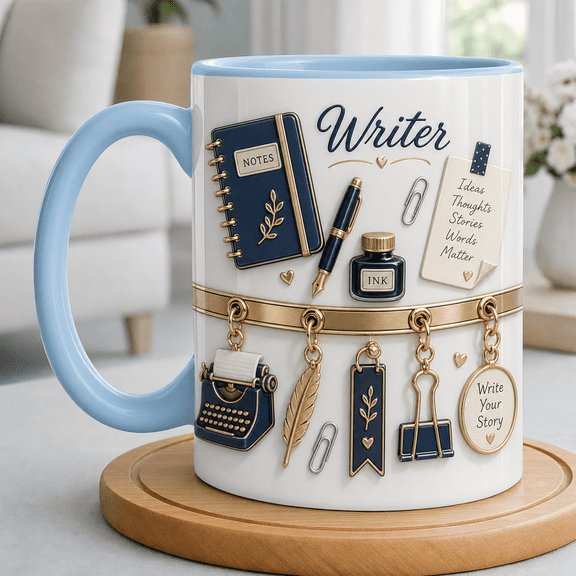 Writer Coffee Mug Personalized Name Notebook & Fountain Pen Gift for Authors