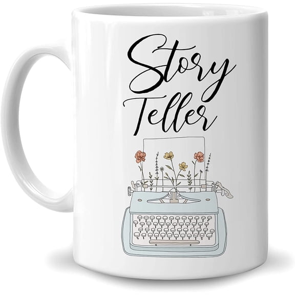 Writer Gifts for Writer Author - Christmas Birthday - Story Teller Flower Typewriter 11oz White Ceramic Coffee Tea Mug For Men Women Journalist Novelist Editor Publisher Scriptwriter Friend
