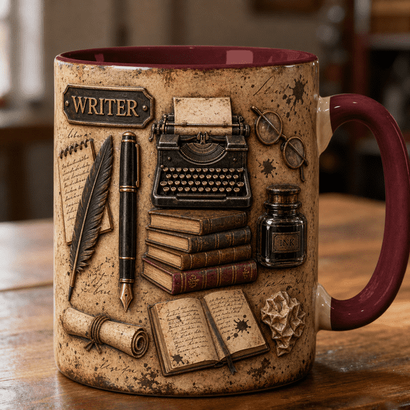 Writer Mug 3D Effect Vintage Parchment Coffee Cup for Authors & Creative Writing