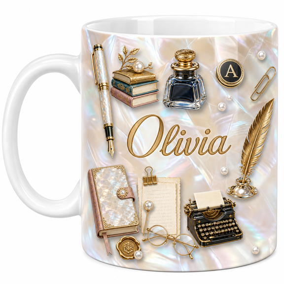 Writer Mug Personalized Author Gift Writing Desk Coffee Mug with 3D Effect Name Design