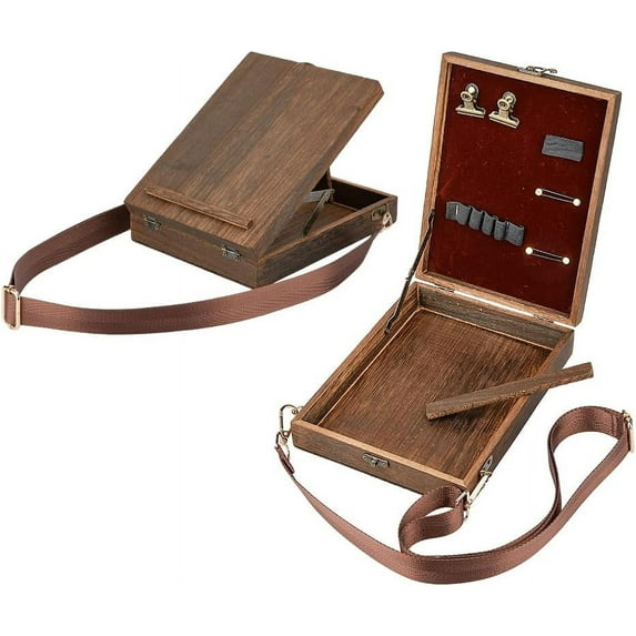 Writers Messenger Wood Box Tabletop Easel Box Painting Brush Tool Storage Cage Portable Storage Easel Box with Band for Outdoor Painting Drawing Sketching Writing Coconut Brown