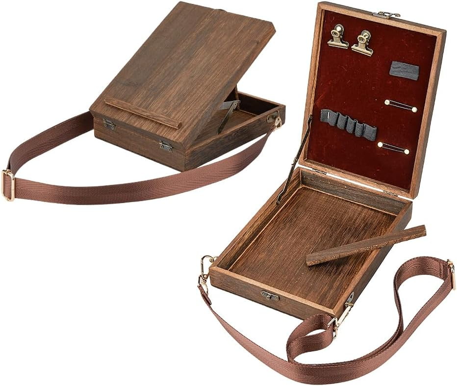 Writers Messenger Wood Box Tabletop Easel Box Painting Brush Tool Storage Cage Portable Storage Easel Box with Band for Outdoor Painting Drawing Sketching Writing