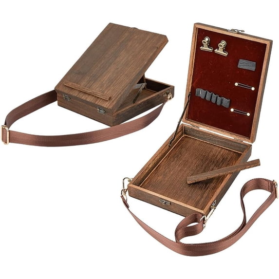 Writers Messenger Wood Box Tabletop Easel Box Painting Brush Tool Storage Cage Portable Storage Easel Box with Band for Outdoor Painting Drawing Sketching Writing